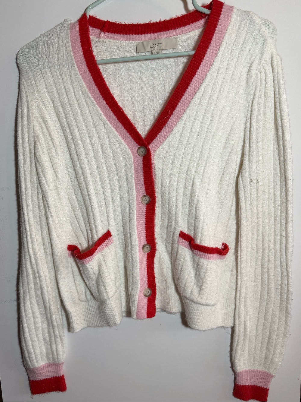 LOFT Cream Cardigan with Red and Pink Trim